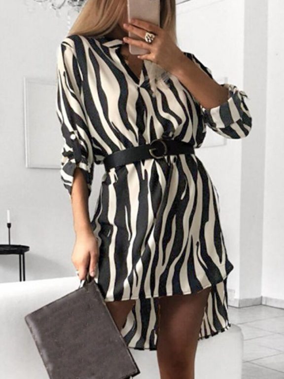  Rollable Sleeve Zebra Stripe Print Dress