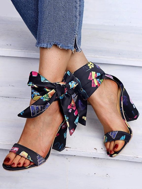 Open Toe Bow Strap Floral Heeled Sandals